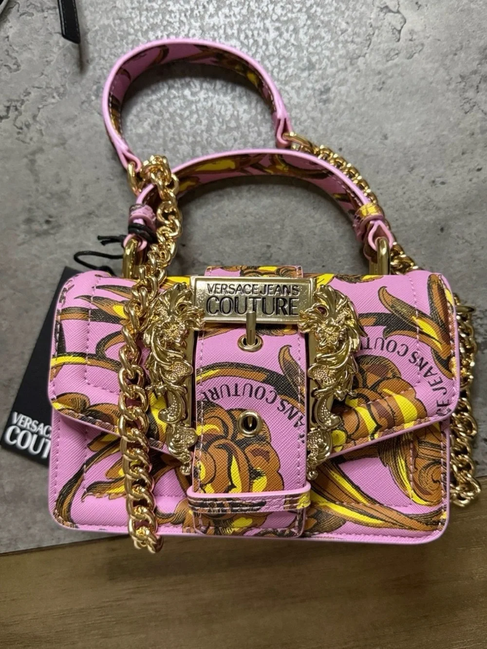 Versace Jeans Collection Pink Baroque Print Shoulder Bag with Gold Chain NWT